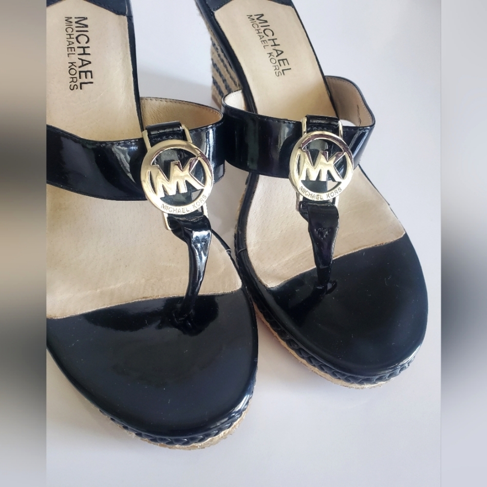 Michael Michael Kors Black Patent Wedge Thong Espadrille Palm Beach Sandals